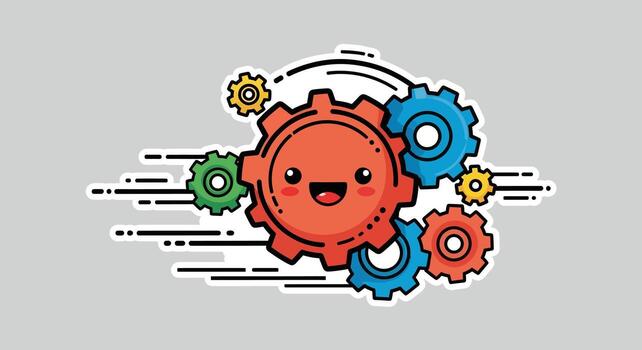 linda engranajes trabajo en equipo ilustración. kawaii rueda dentada personaje en movimiento, representando proceso, mecanismo, y trabajar vector
