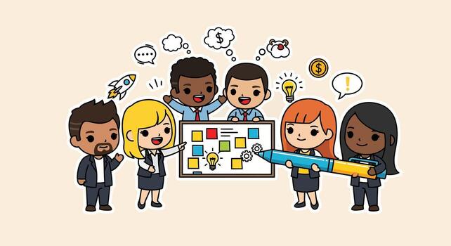 negocio trabajo en equipo colaboración. diverso dibujos animados equipo en un creativo lluvia de ideas reunión planificación un proyecto en un blanco vector