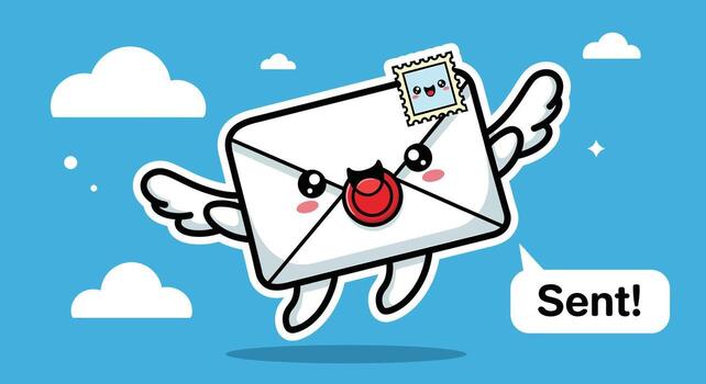Kawaii flying envelope sending mail . Cute cartoon character with wings for email and message delivery concept. vector