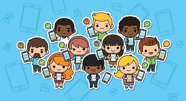 Diverse group using smartphones for secure mobile payment. Fintech, e-commerce, and online banking concept. vector