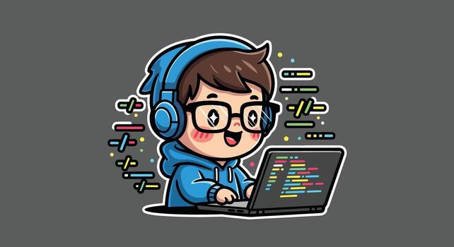programador chico dibujos animados codificación en ordenador portátil. linda niño desarrollador personaje con auriculares, friki tecnología ilustración. vector
