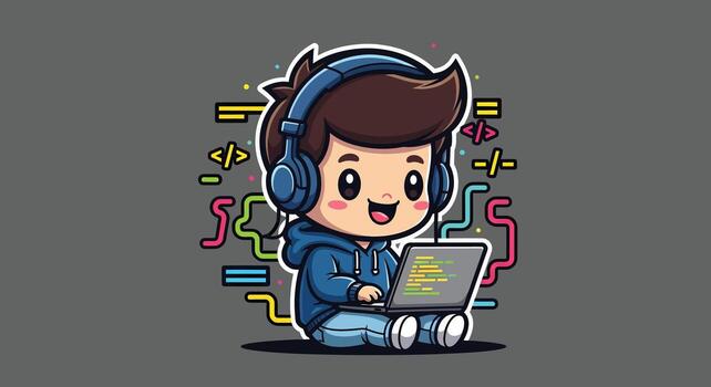 linda dibujos animados chico codificación en ordenador portátil con auriculares. programador niño personaje, ilustración para tecnología y educación. vector