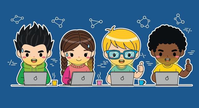 niños codificación campo de entrenamiento dibujos animados con diverso equipo de joven programadores trabajando en computadoras portátiles vástago educación illustrati vector