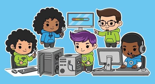 IT Support Team Cartoon Computer Repair, Tech Support, System Admin vector