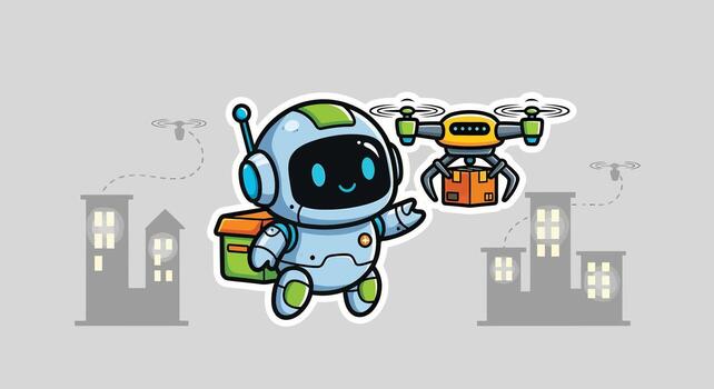 Robot Delivery Cartoon Robot with Drone Delivering Package vector