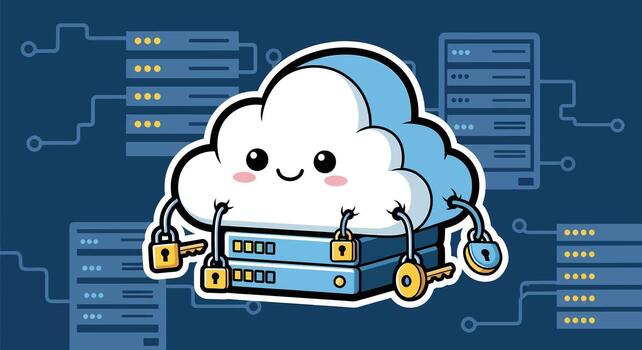 Secure Cloud Computing Cute Cloud with Servers and Padlocks vector
