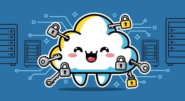 Cloud Security Cartoon Secure Data, Server Protection, Encryption vector
