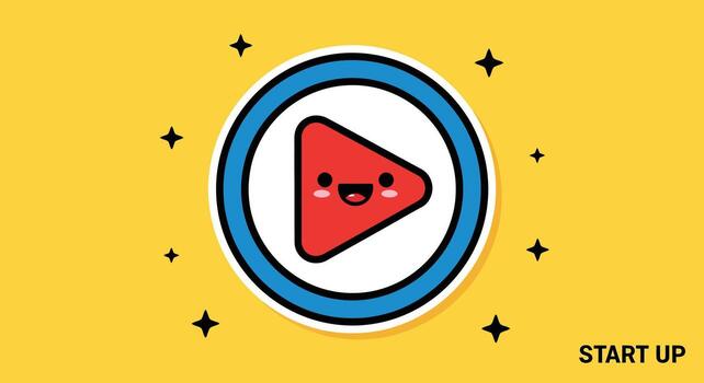 Cute Play Button Icon with Smiling Face, Start Up Concept, Yellow Background vector