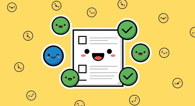 Cute Checklist with Checkmarks and Smiling Faces, Yellow Background vector