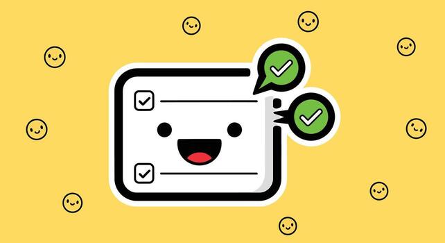 Checklist Complete Cute Cartoon Character with Check Marks and Smiles vector