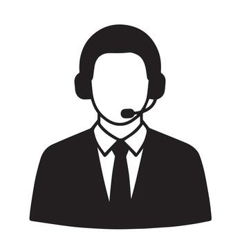 A silhouette of a support agent, wearing a headset, in a smart, business-style attire, set against a plain backdrop, representing assistance and customer service. vector