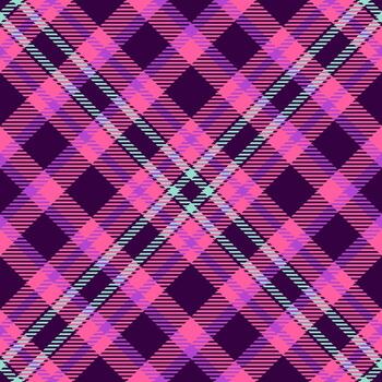 Vibrant plaid pattern with intersecting lines and squares in shades of pink, purple, and blue. Ideal for backgrounds, textiles, and graphic designs. vector