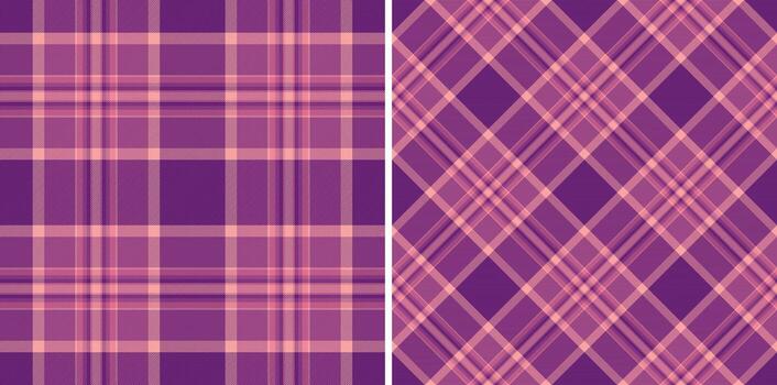 Two seamless tartan patterns, one grid, one diagonal, in shades of purple and peach. Classic and versatile, perfect for backgrounds, textiles, or any design project. vector