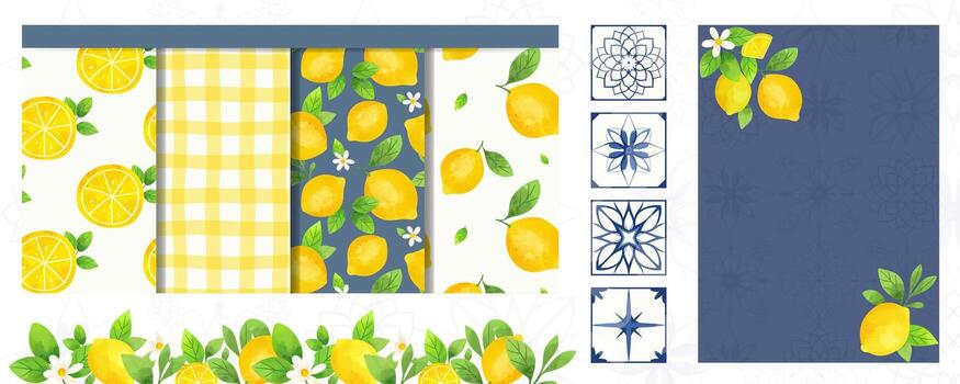 acuarela conjunto con limones, Mediterráneo losas. marco, sin costura patrones, tarjeta, póster o invitación. limón antecedentes vector