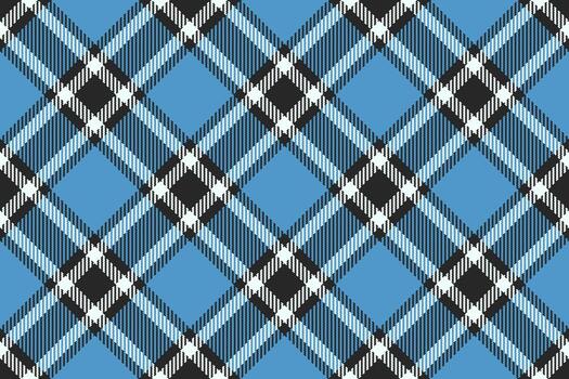 Seamless tartan pattern with diagonal blue, black, and white stripes. Ideal for fabric design, backgrounds, and creative projects. Versatile, classic style. vector