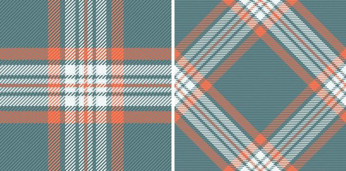 Detailed plaid patterns in teal, orange, and white. Two seamless designs. Use for backgrounds, textiles, or stylish designs. Versatile for digital or print. vector