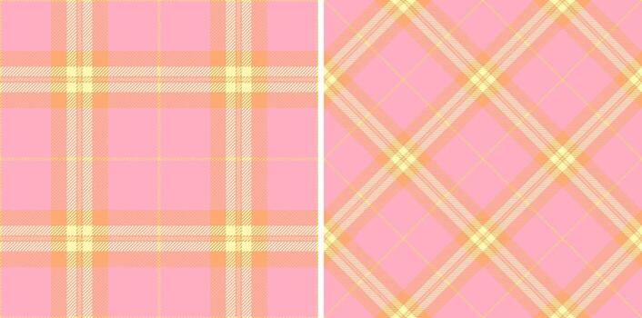 Two versatile plaid patterns showcase classic modern design. Pink, orange, and yellow hues create a playful, inviting feel. Ideal for fashion, textile backdrop uses. vector