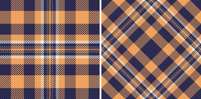 Two stylish plaid patterns featuring a warm, orange hue and deep blue, evoking rustic charm and versatility. Ideal for fabrics, backdrops or design projects. vector