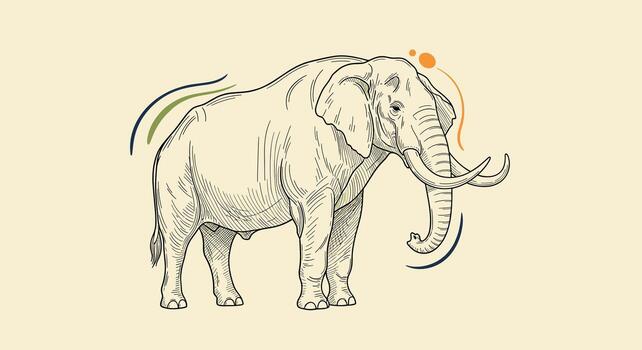An illustrative depiction of a large elephant with tusks and a trunk raised. vector