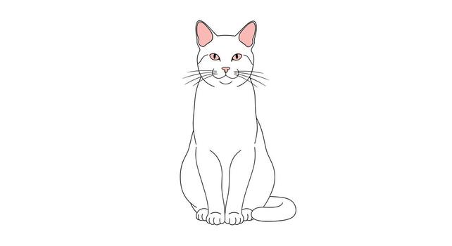 A fluffy white cat with pink ears sits attentively looking forward with a curious expression on its face. vector