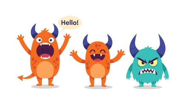 Three cartoon monsters waving and saying hello with different expressions and colors. vector