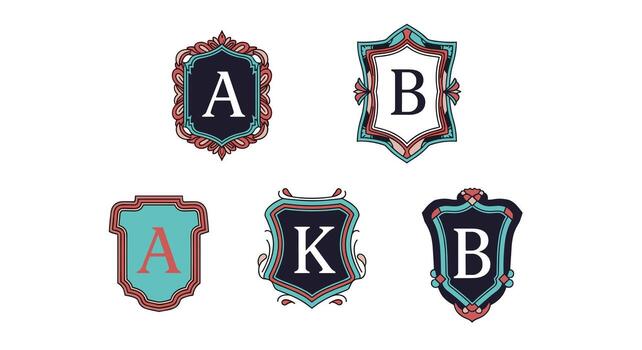 Decorative shields with ornate borders and single letters A B K inside. vector