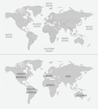 Two gray detailed world maps with without country borders. Names of oceans and continents vector