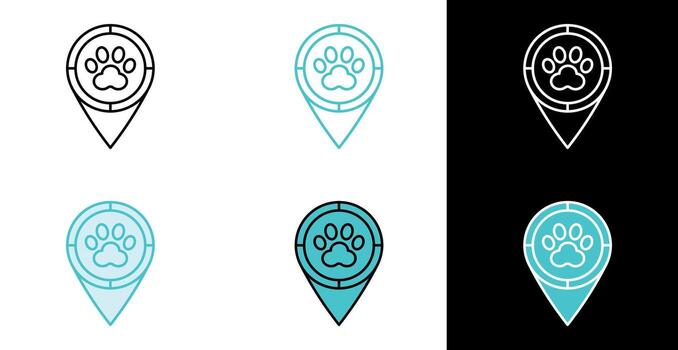 Paw print map pin icon for veterinary clinic and pet service location in line and fill style vector