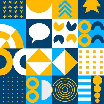 Geometric abstract design composed of blue, yellow, and white shapes arranged in a grid. vector