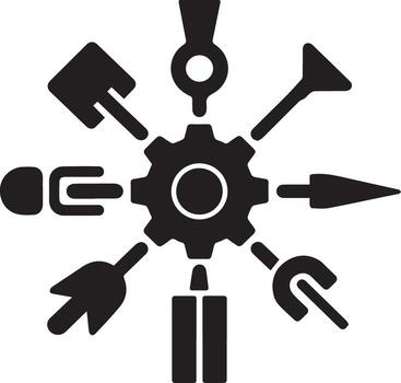 Gear icon surrounded by diverse tools for multifunctional system integration. vector