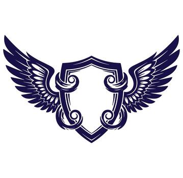 Elegant winged shield emblem design with decorative feathered wings and scroll elements vector