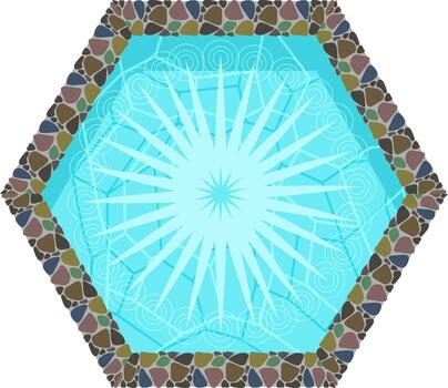 Hexagonal fountain top view with star pattern rock border vector