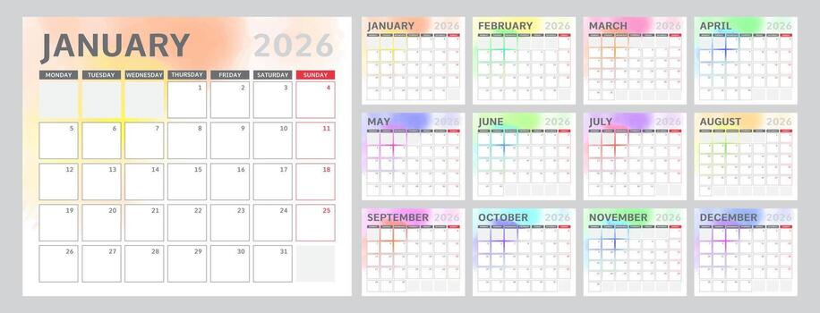 Colorful 2026 Calendar Design with Different Color for Every Month vector