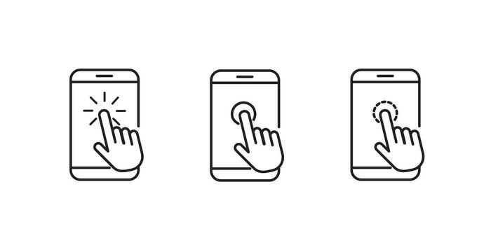 moderno teléfono inteligente con mano toque hacer clic gesto icono conjunto en blanco antecedentes vector