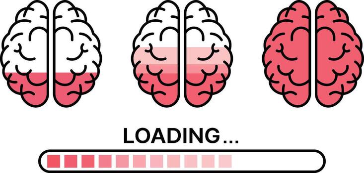 Tres estilizado sesos con cargando bar y texto Progreso concepto vector