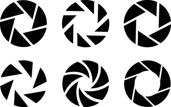 Six black camera aperture icons on white background diaphragm iris vector