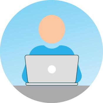 persona sentado a escritorio con ordenador portátil computadora en un azul circulo vector