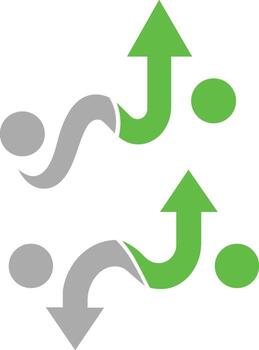 Two abstract directional arrows with circles in green and gray movement graphic vector