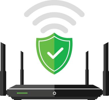 Router with green shield and wifi signal icon wireless internet vector