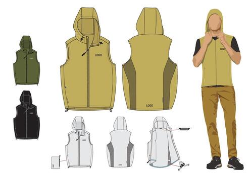 Sketch of Hooded Vest made from packable polyester fabric, showing front, back, side views with details like zipper, mesh, reflective parts. Perfect for outdoor, sport, and fashion design use vector