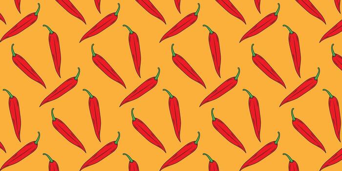 Lively Red Chili Peppers Scattered Across a Warm Orange Background, Creating a Bold and Energetic Pattern Ideal for Culinary Themes and Spicy Designs vector