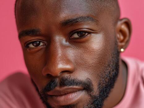 de cerca retrato de un hombre con un barba, vistiendo un rosado camisa. él tiene un contemplativo expresión, pendientes en ambos orejas, y es conjunto en contra un suave rosado fondo foto