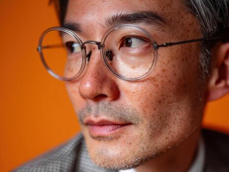 Close-up of a man with round glasses, looking to the side. His skin shows freckles and stubble, and he wears a patterned jacket. His expression is thoughtful and focused photo