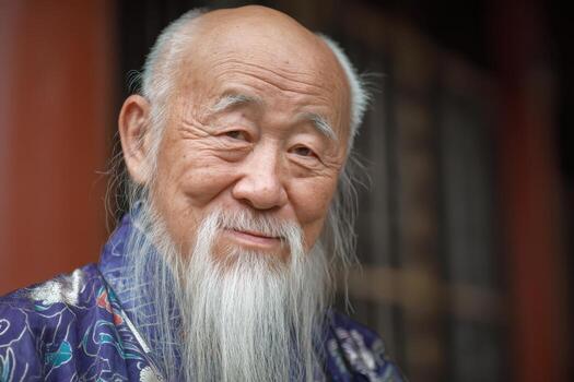 Elderly man with a long white beard and gentle smile, wearing a patterned robe. His serene expression and weathered face suggest wisdom and life experiences. Asian-inspired garments photo