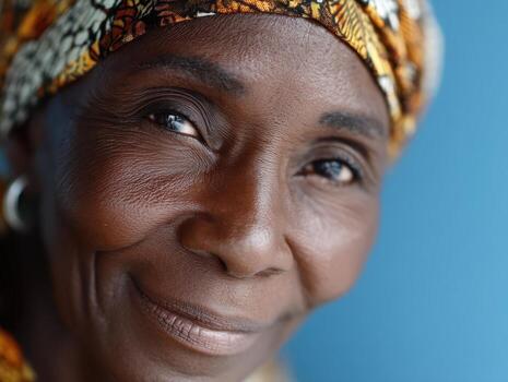 Elderly woman with warm smile in close-up, wearing vibrant patterned headscarf. Soft lighting highlights facial features. Background blurred to emphasize her serene and thoughtful expression photo
