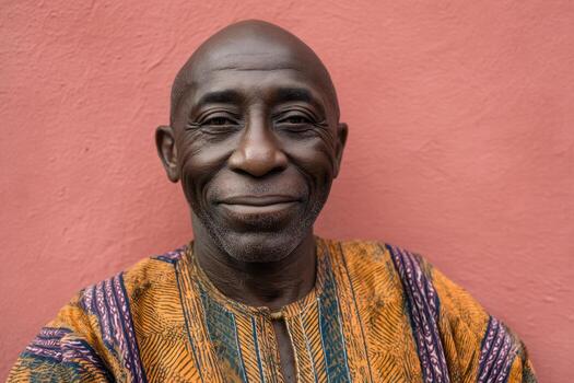 Smiling bald man in colorful patterned shirt looks directly at camera against a plain background, conveying warmth and friendliness. His facial expression suggests confidence and contentment photo