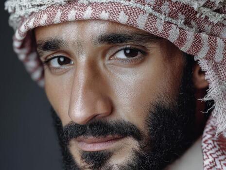 Close-up of a thoughtful man with a well-groomed beard, wearing a traditional red and white patterned headscarf. His deep, expressive eyes convey a sense of inner reflection photo