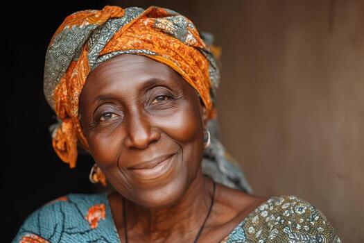 Elderly woman smiling warmly, wearing a vibrant, patterned headscarf and matching attire, with a softly lit face and a neutral background. Her expression exudes warmth, wisdom, and kindness photo