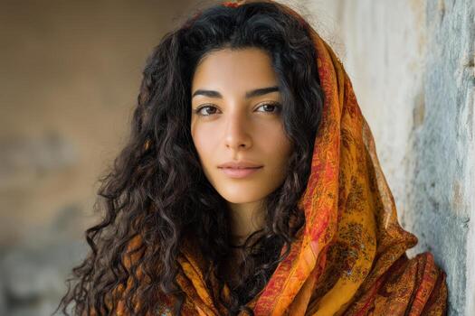 Curly-haired person wearing a patterned orange scarf gazes softly at the camera. The texture of the wall and the scarf complement the subject's serene expression and natural beauty photo