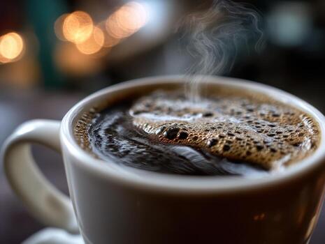 A hot cup filled with steaming coffee showcasing foam and bubbles on its surface, surrounded by a soft out-of-focus background with glowing circular bokeh from warm lights photo